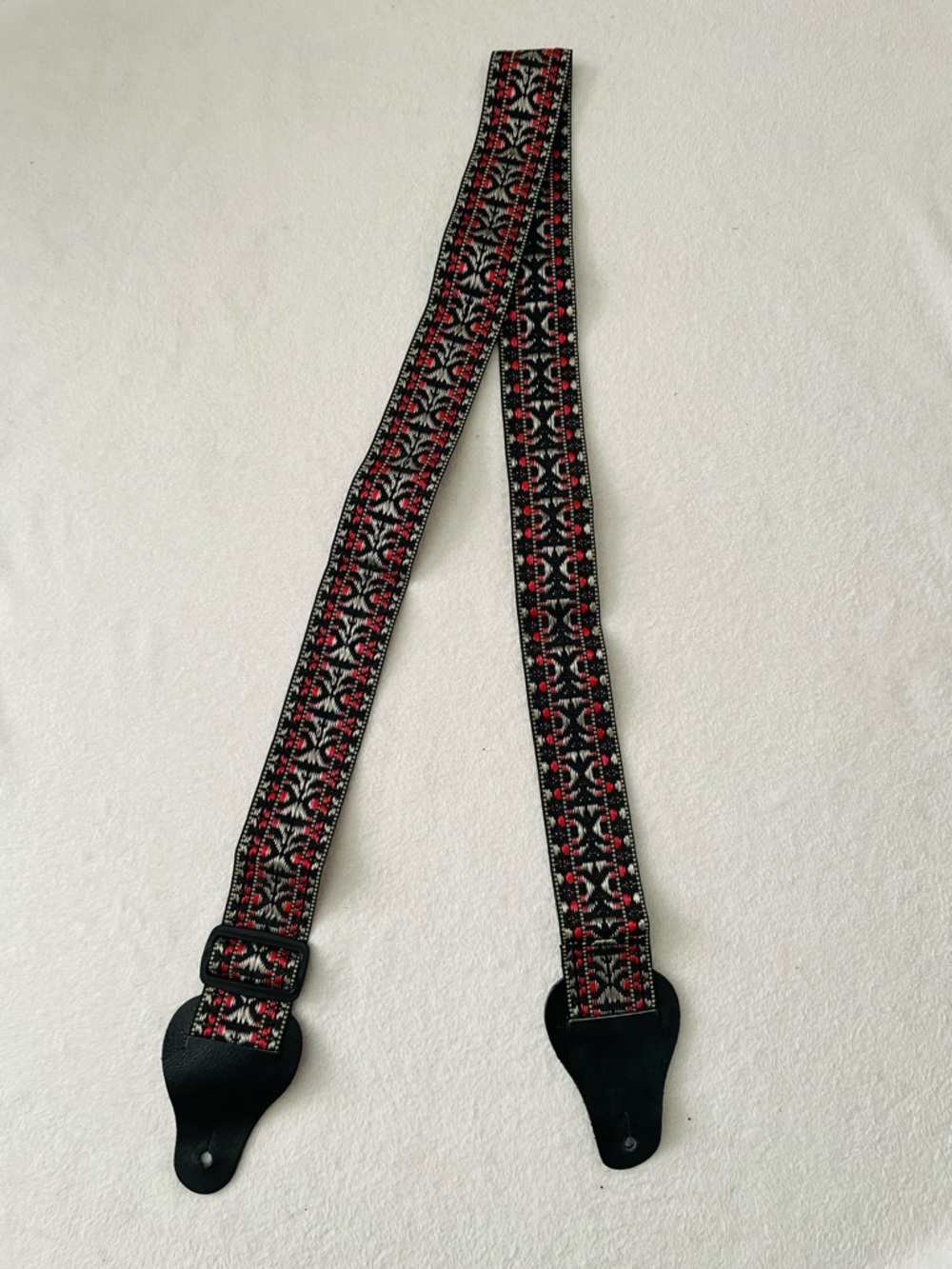 SOLD - Vintage Hootenanny Guitar Strap 2” Jacquard Woven Genuine Leather